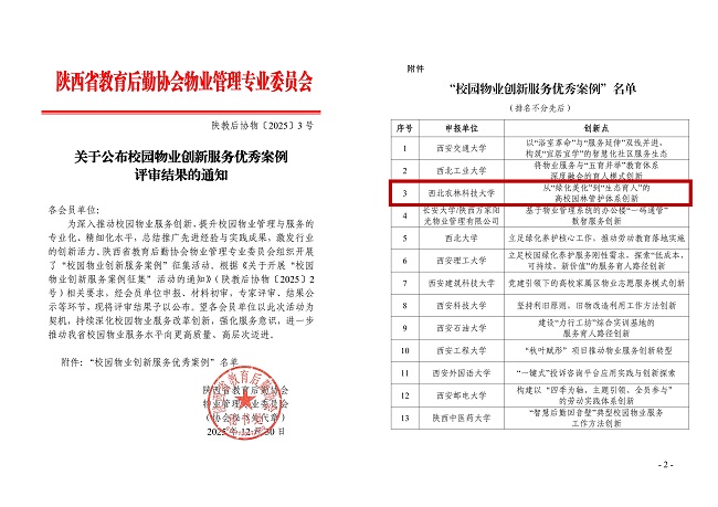2025年荣获陕西省教育后勤协会“校园物业创新服务优秀案例”
